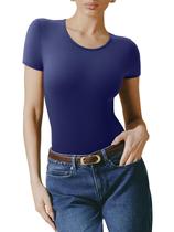 Bodysuit REORIA azul com forro duplo básico de manga curta feminina 2025