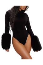 Bodysuit Unybwonn de gola alta para mulheres com manguito de pele sintética e manga comprida Bodysuit Unybwonn de gola alta para mulheres com manguito de pele sintética e manga comprida