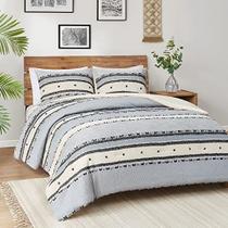 Boho Queen Blue Edredom Set, Cama de tamanho completo moderna da fazenda, tampo de algodão com listras Jacquard recortadas de estilo rústico neutro, conjuntos de cama tufados, 3 peças, incluindo travesseiros combinados (90 "x90)