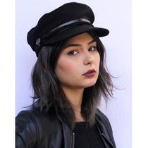 Boina Cap Feminina Preta Militar de Feltro com Aba de Couro PU