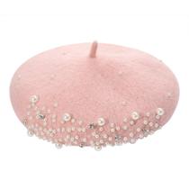 Boina de Lã com Strass e Pérolas - Chapéu Rosa para Inverno