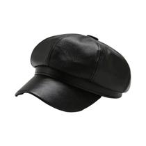 Boina Octogonal de Couro Feminina - Estilo Retrô Britânico para Outono/Inverno