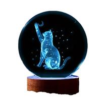 Bola de Cristal 3D com Laser - Gato, Lua e Estrelas - Luminária Noturna para Presentes