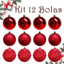 Bola De Natal 12 Un Grande 8Cm Mista Glitter Luxo - Vermelho