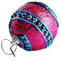 Bola de Natal 9cm Cravejada Rosa e Azul Glitter e Pedras Enfeite Natalino - COM.FARTEX