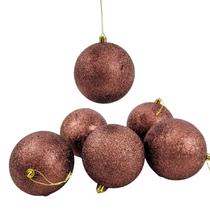 Bola De Natal Marrom Glitter 10Cm Para Árvore Kit 6Pc