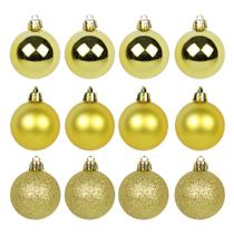 Bola De Natal Mista Fosca / Lisa / Glitter Dourada Com 12 Pecas 5Cm - RIO MASTER