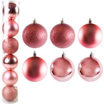 Bola de natal mista fosca / lisa / glitter rose com 6 pecas 7cm de ø