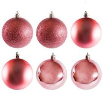 Bola De Natal Mista Fosca Lisa Glitter Rosé Com 6 Peças 7cm