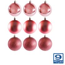 Bola De Natal Mista Fosca/lisa/glitter Rose Com 9 Pcs 6cm