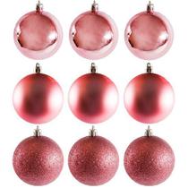 Bola De Natal Mista Fosca Lisa Glitter Rosé Com 9 Peças 6cm