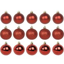 Bola De Natal Mista Fosca / Lisa / Glitter Vermelha Com 15 Pecas 3Cm - RIO MASTER
