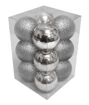 Bola de Natal Prata Brilhante e Glitter 6cm com 12pçs - Fitas e Festas