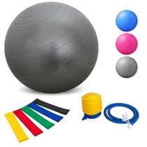 Bola Pilates 65cm C/ Bomba Pilates Yoga Ginástica+Kit 5 Faixa Elástica Super Mini Band