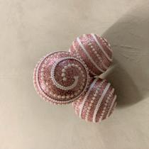 Bolas De Natal Flocada Rosa Com Pérolas Tok Da Casa - Cx