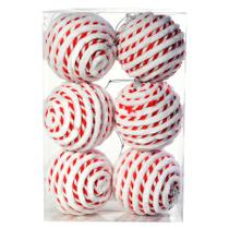 Bolas de Natal Listrada - Vermelho/Branco - 8 cm - 6 unidades - Cromus - Rizzo