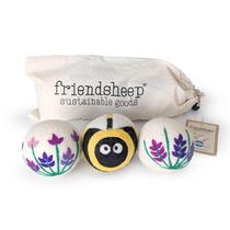 Bolas de secagem de lã da Friendsheep, pacote com 3, GG, orgânico, premium, reutilizável, livre de crueldade, feito à mão, de comércio justo, sem fiapos, lavanda, campos de lavanda, flor de abelha