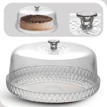 Boleira Baixa Bolo Acrílico Transparente 26cm Com Detalhes Puxador na Tampa