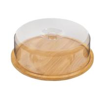 Boleira Bambu Com Tampa Em Acrílico Porta Bolo Para Bolo Torta Pudim Queijo 28cm