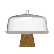 Boleira Bolo Bambu Com Cúpula Acrílico Resistente Ou Bege