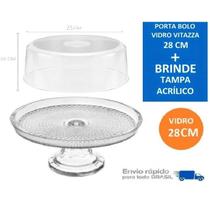 Boleira Com Pé Porta Bolo Vidro 28cm Vitazza + Brinde Tampa Acrílico 25cm Transparente