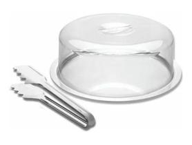 Boleira Conjunto 3 peças Para Bolo Prato e Pegador Inox Tampa Transparente em Acrilico - Martinazzo