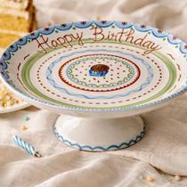 Boleira Happy Birthday de Porcelana Pintada à Mão - 30cm Boleira Happy Birthday de Porcelana Pintada à Mão - 30cm