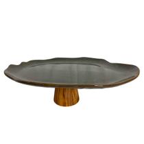 Boleira M Quartz Fumê Cerâmica c/ Pé Madeira Teca 39cm Decô