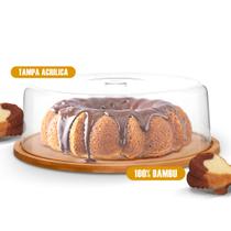 Boleira Porta Bolo Bambu Com Tampa Acrílica Circular 28cm