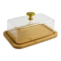 Boleira Porta Bolo Torta Base Bambu Tampa Acrílico Pegador Dourado -