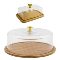 Boleira Porta Bolo Torta Base Bambu Tampa Acrílico Pegador Dourado - Boleira Porta Bolo Torta Base Bambu Tampa Acrílico Pegador Dourado -