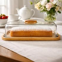 Boleira Porta Tortas Retangular Grande Madeira Vidro 40cm Boleira Porta Tortas Retangular Grande Madeira Vidro 40cm