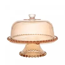 Boleira Prato Para Bolo Cristal Com Pe e Tampa Pearl Ambar