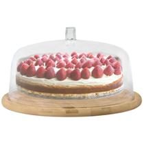 Boleira Redonda Porta Bolo De Mesa Em Bambu Com Tampa Em Acrílico Transparente 27cm Linha Sense OU