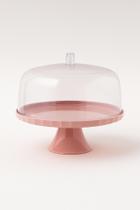 Boleira rosa prato para bolo com cúpula e pé