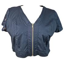 Bolero Manga Curta Zíper Program Preto Rendas