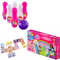 Boliche Infantil Menina + Quebra Cabeça 100 Peças Princesas + Domino + Jogo da Memoria Princess GGB