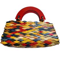 Bolsa Artesanal Madeira Envernizada Colorida Alça Vermelha Bolsa Artesanal Madeira Envernizada Colorida Alça Vermelha