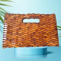 Bolsa Artesanal Madeira Retangular Marrom Alça Embutida
