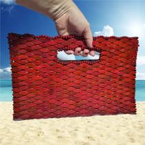 Bolsa Artesanal Madeira Retangular Vermelha Alça Embutida