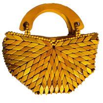 Bolsa Artesanal Peças Madeira Envernizada Amarela, Meia Lua