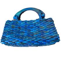 Bolsa Artesanal Peças Madeira Envernizada Azul, Alça Curta Bolsa Artesanal Peças Madeira Envernizada Azul, Alça Curta
