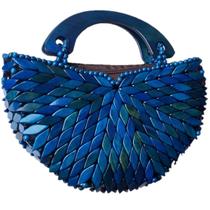 Bolsa Artesanal Peças Madeira Envernizada Azul, Meia Lua