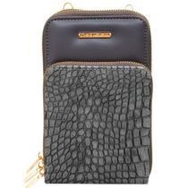 Bolsa Carteira Feminina Com Alça Textura Croco Cor:Cinza Bolsa Carteira Feminina Com Alça Textura Croco Cor:Cinza