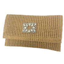 Bolsa Carteira Feminina de Mão em Crochê de Ráfia Natural com Detalhe em Pedrarias Têndência Rústico Chic