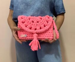 Bolsa/Clouth Alça de Mão - Rosa Pink Neon - Crochê Fio de Malha