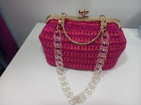 Bolsa Clutch em crochê feita à mão alça metal Rosa Pink e Pink