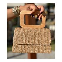 Bolsa Clutch Estilo Palha Alça De Bambu Na Cor Marrom Terra