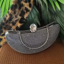 Bolsa Clutch Luxo Meia Lua Com Brilho Strass E Fecho Cristal