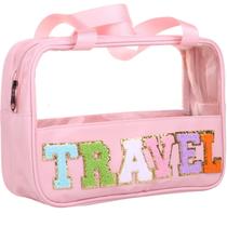 Bolsa de armazenamento de maquiagem e higiene pessoal CRUOXIBB Chenille Travel Pink Bolsa de armazenamento de maquiagem e higiene pessoal CRUOXIBB Chenille Travel Pink